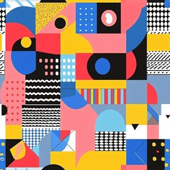 Playful Memphis Style Seamless Geometric Pattern with Vibrant Colors