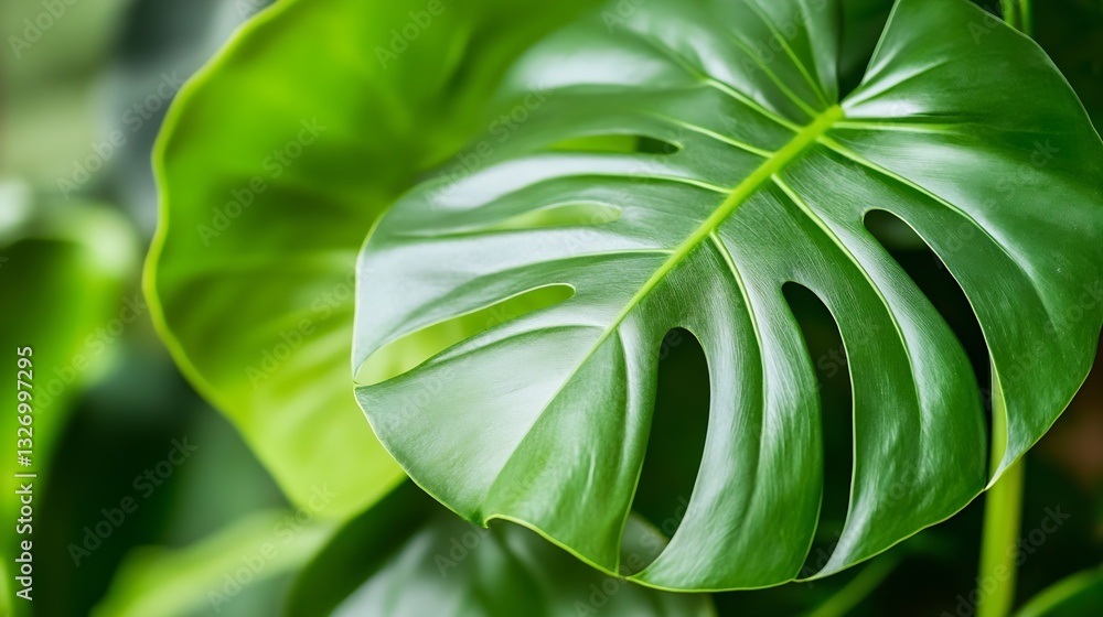 Poster close up of vibrant green monstera leaf with distinctive holes in light : generative ai