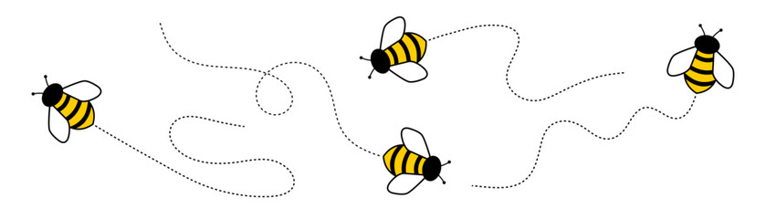 Bee flying on a dotted route. Bee icon set. Honey Bee