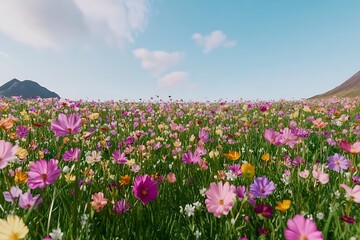 Vibrant field of flowers in full bloom creating a beautiful landscape under a clear sky