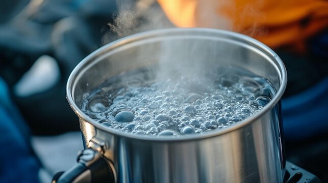 Close-up of boiling water in a metallic pot outdoors, steam rising.