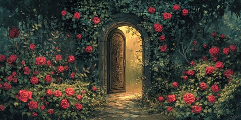 Fototapeta premium The Enchanting Portal Revealed Through Lush Roses and Greenery