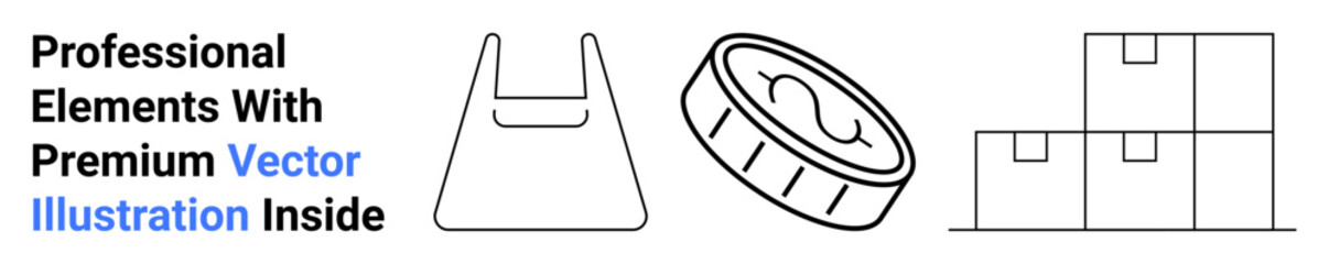 Shopping bag, coin, and stacked parcel boxes in a simple line art style. Ideal for e-commerce, logistics, packaging, delivery services, online shopping, retail businesses marketing flat landing