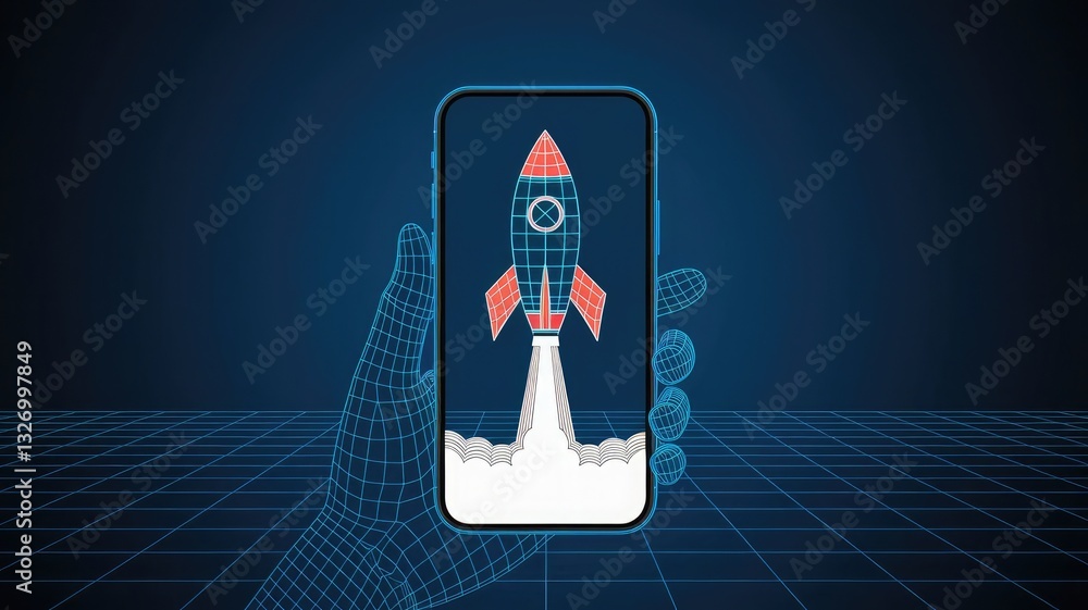 Poster abstract digital rocket launch from a smartphone screen. hand-holding cell phone with launching spac
