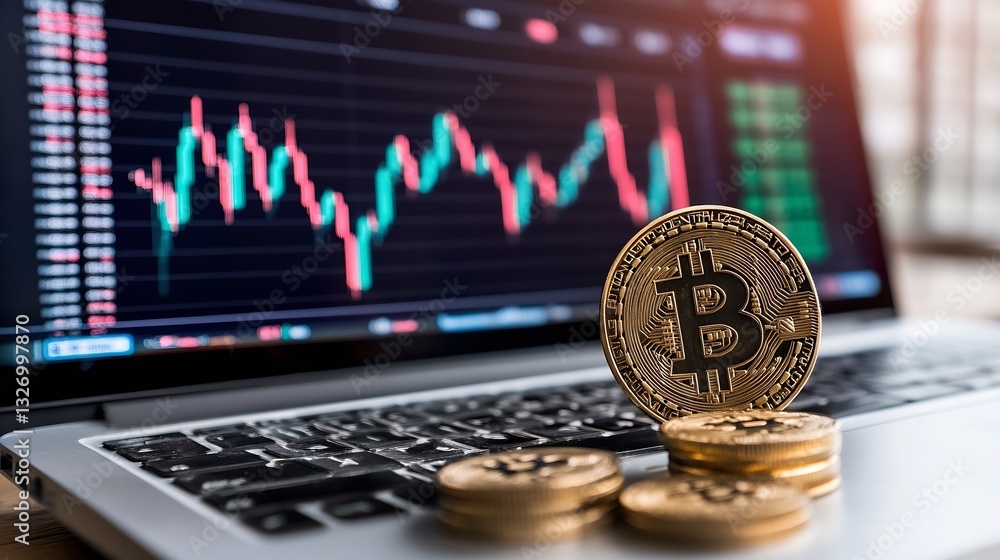 Poster closeup of bitcoin coins with stock market graphs displayed on laptop screen representing cryptocurr