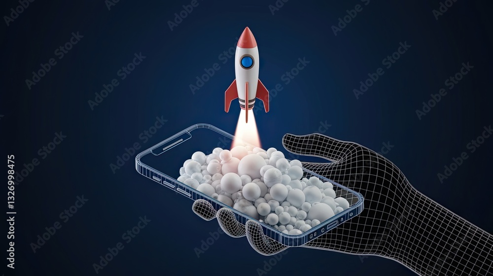 Poster abstract digital rocket launch from a smartphone screen. hand-holding cell phone with launching spac