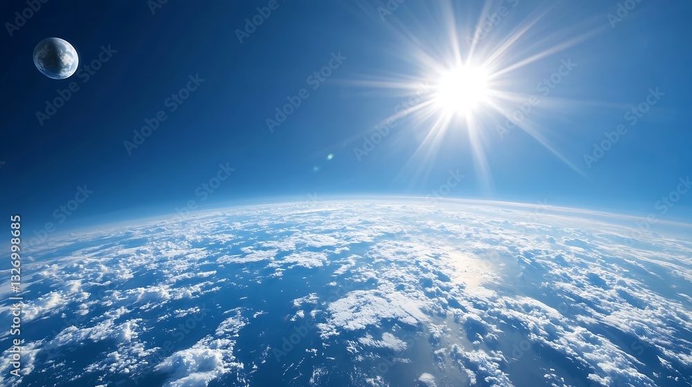 Poster aerial view of earth showcasing a vibrant atmosphere with sunlight and moon : generative ai