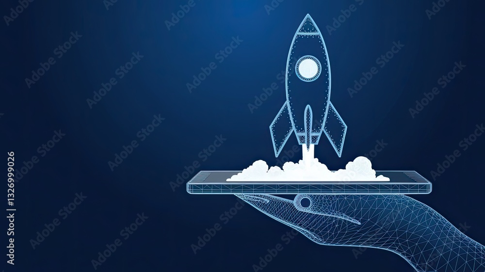Poster abstract digital rocket launch from a smartphone screen. hand-holding cell phone with launching spac