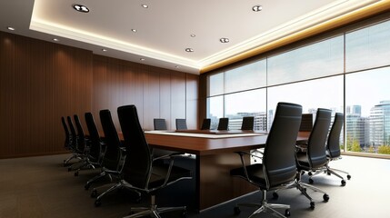 Modern conference room with large table, ergonomic chairs, and cityscape view outside windows