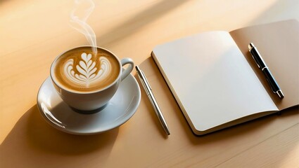 A minimalist flat lay of a steaming cup of coffee with latte art, placed next to an open notebook and a pen, on a wooden table with soft morning sunlight.