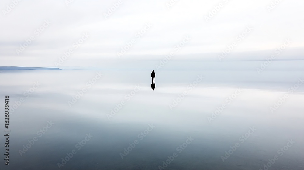 Poster solitary figure standing on calm water reflecting a serene and tranquil atmosphere : generative ai