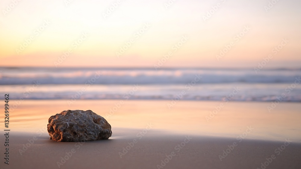 Poster solitary rock on the beach at sunset with gentle waves rolling in the background : generative ai