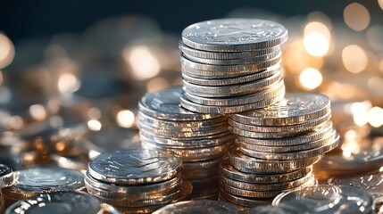CloseUp of Stacked Coins Glimmering with Warm Light Creating a Wealthy Atmosphere : Generative AI