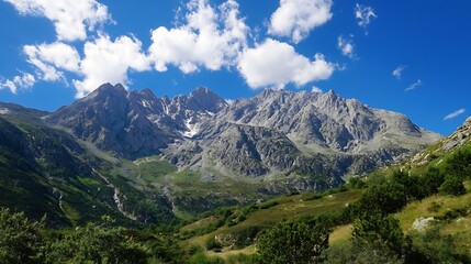 Fototapeta premium Majestic mountain landscape with clear blue sky and dramatic rocky peaks : Generative AI
