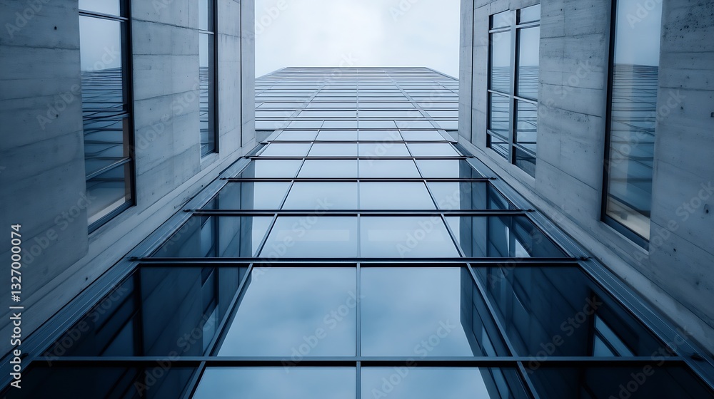 Poster looking up at a modern skyscraper reflecting clouds in its glass windows in an urban setting : gener