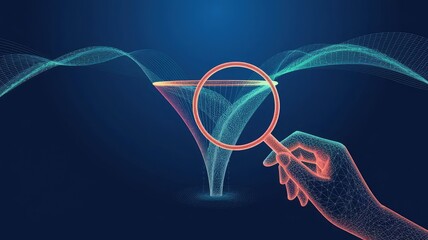 Abstract funnel with data stream and hand with magnifying on dark blue background. Data analysis concept. Digital internet wave or flow. Low poly wireframe vector illustration in a futuristic style 