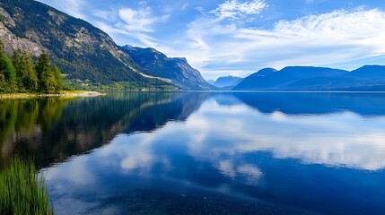 Serene mountain lake reflecting the sky in a tranquil landscape with lush greenery : Generative AI