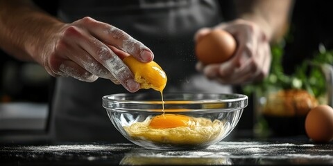 Hands expertly cracking fresh eggs into a glass bowl while preparing for a culinary creation in a kitchen setting