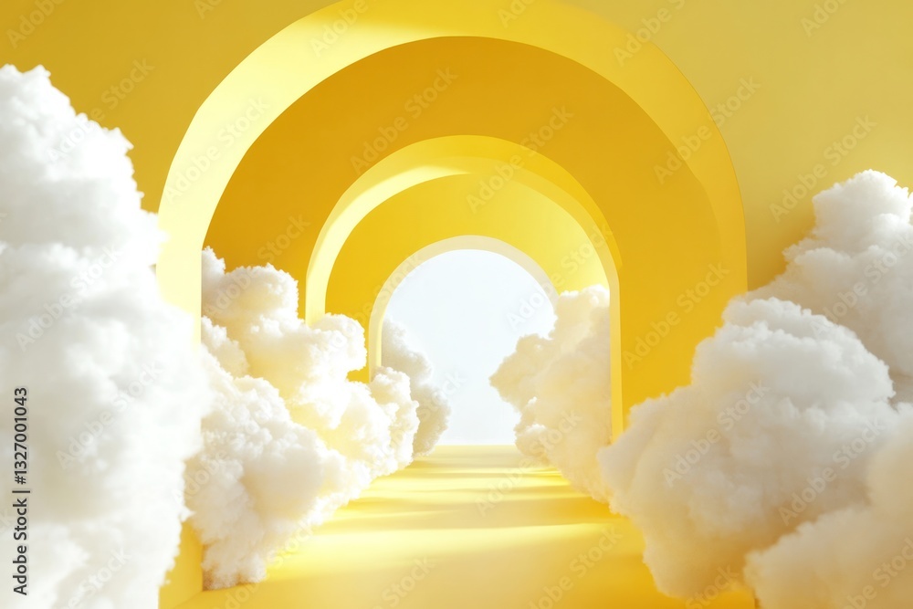 Aufkleber a 3d render of a minimal yellow background with a sleek white tunnel emitting fluffy white clouds, c