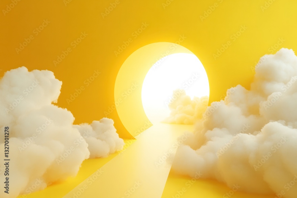 Aufkleber a 3d render of a minimal yellow background with a sleek white tunnel emitting fluffy white clouds, c