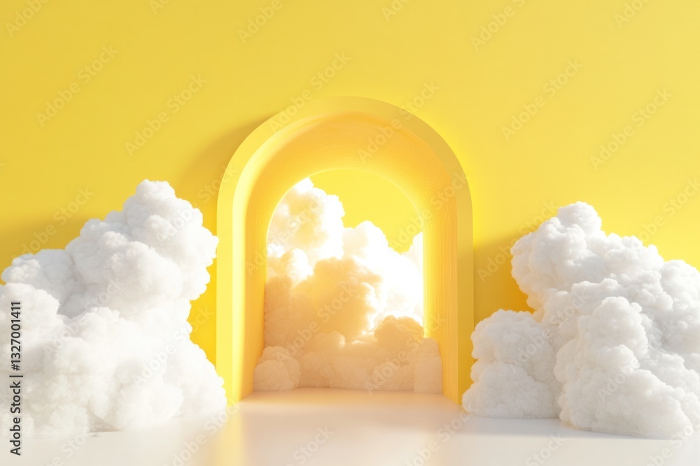 Poster a 3d render of a minimal yellow background with a sleek white tunnel emitting fluffy white clouds, c