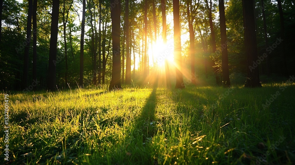 Poster Sunlight streaming through tall trees in a serene forest during golden hour : Generative AI