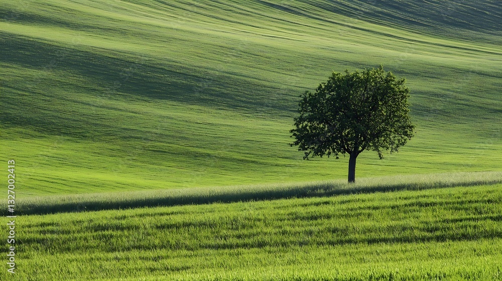 Poster Isolated single tree standing alone in a vibrant green field with rolling hills under blue sky : Generative AI