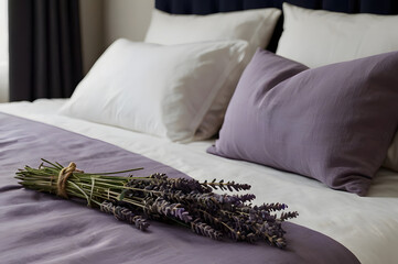 Serene Bedroom with Lavender: An inviting bedroom setting featuring a bouquet of fragrant lavender elegantly placed on a bed adorned with pillows and soft linens.