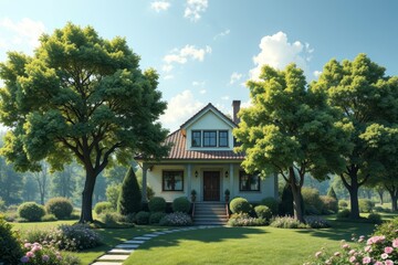 there is a house with a red door and a white roof