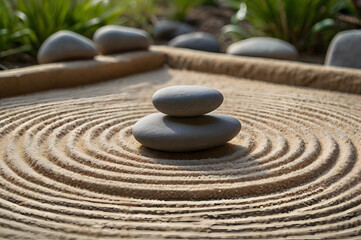 Zen garden with stones, sand, water, and concentric ripple patterns on a calm surface