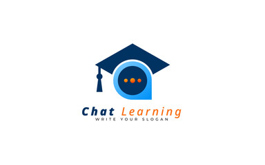 A chat bubble and graduation cap symbolize interactive, communication-based education platforms, ideal for student-teacher chat or discussion-based learning.