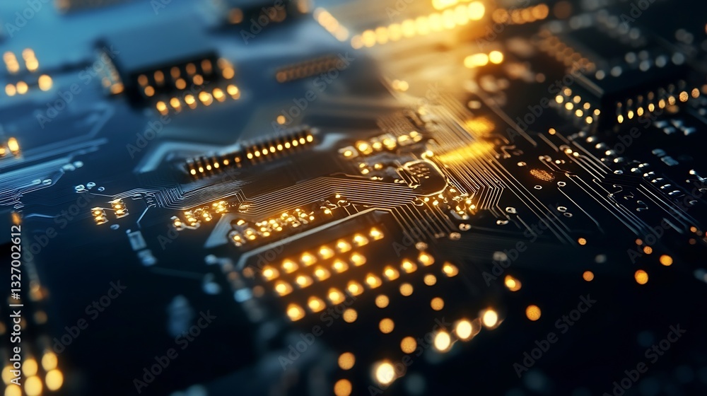 Fototapete Detailed CloseUp of a Circuit Board with Illuminated Components and Technology Theme : Generative AI