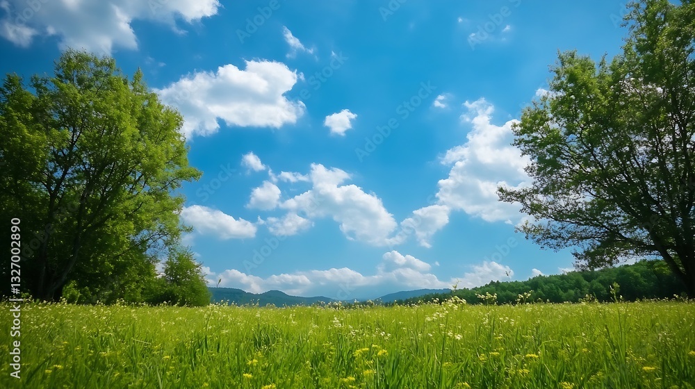 Poster vibrant green field under a bright blue sky with fluffy clouds and distant mountains : generative ai