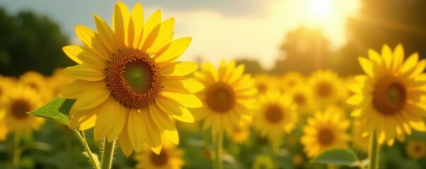 Fototapeta premium Close-up of a sunflower in a field, bathed in sunlight, golden, sharp, bright