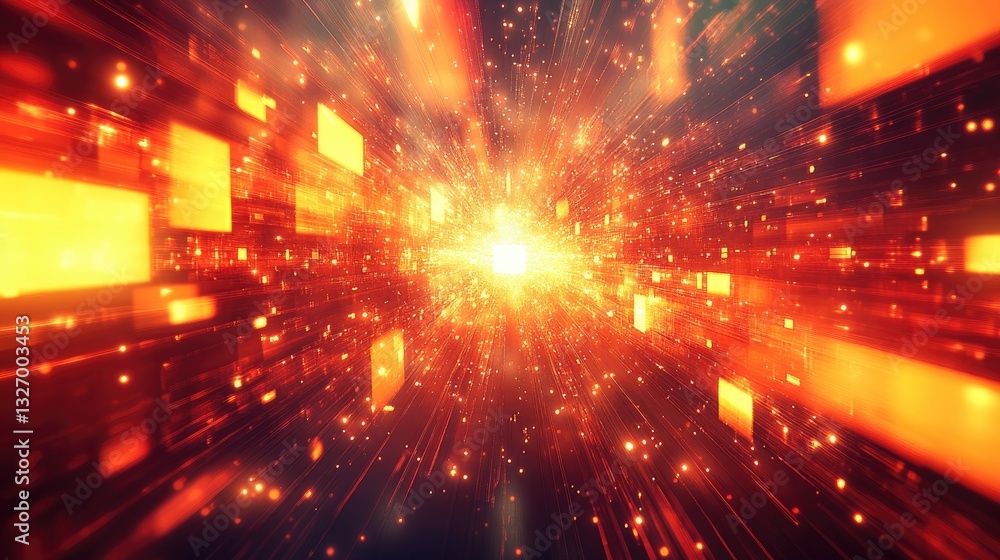 Poster orange light speed tunnel, digital data stream background
