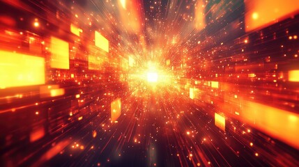 Orange light speed tunnel, digital data stream background