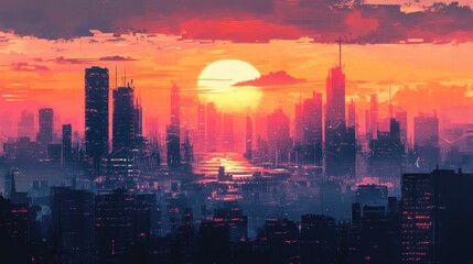 Fototapeta premium A futuristic city silhouette bathed in colorful sunset hues
