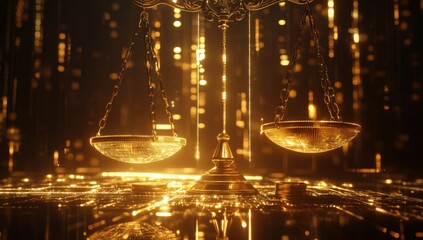 Scales of justice and coins on a digital background with glowing lines, representing law, solar punk, high resolution, high detail, sharp focus, studio lighting