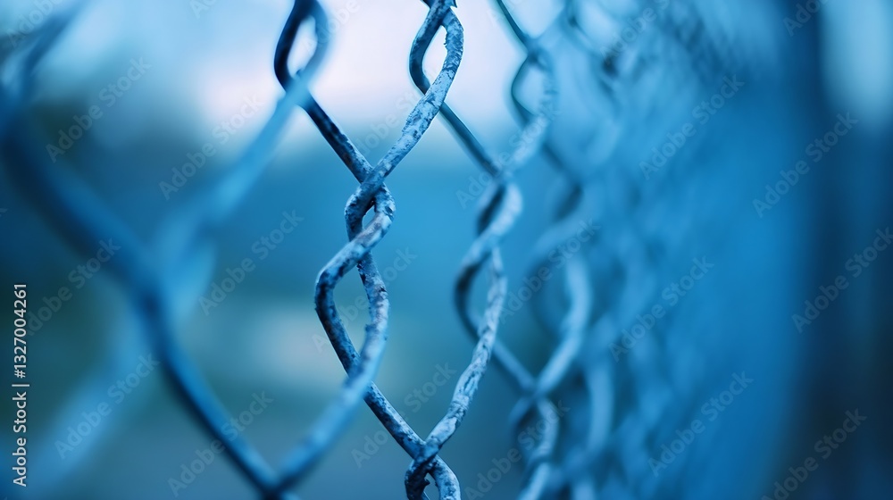 Fototapete closeup view of a rusty blue chain link fence highlighting the intricate connections of the metal li