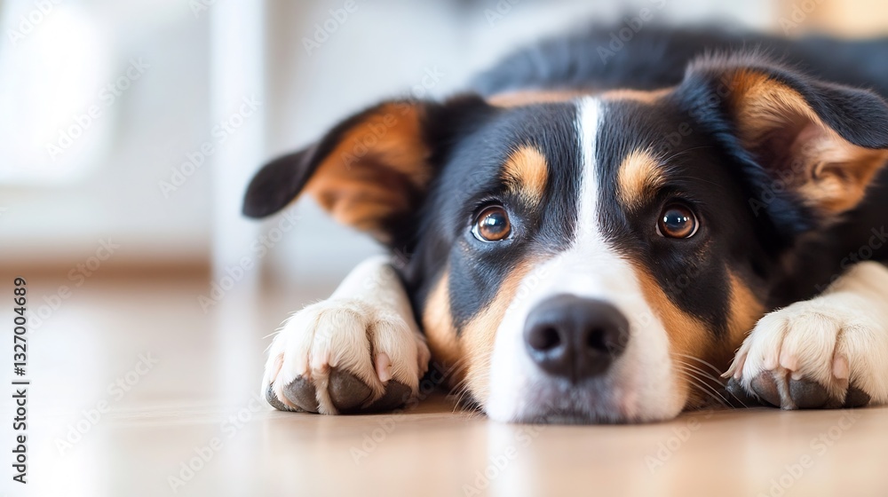 Poster close up of a relaxed dog lying on wooden floor displaying expressive eyes and soft fur : generative