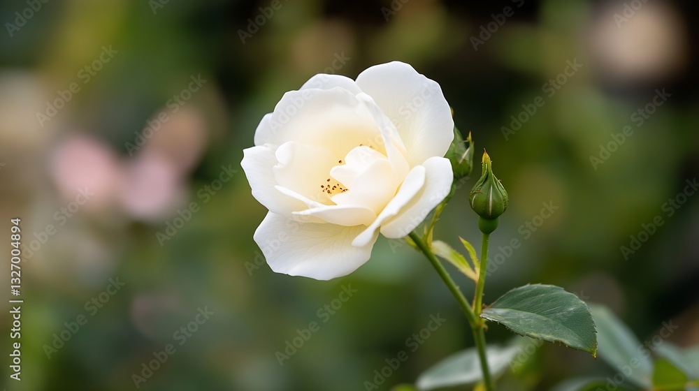 Poster delicate white rose in bloom surrounded by lush greenery in a vibrant garden setting : generative ai