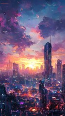 Obraz premium Futuristic Cityscape Lit by a Brilliant Sunset with Skyscrapers
