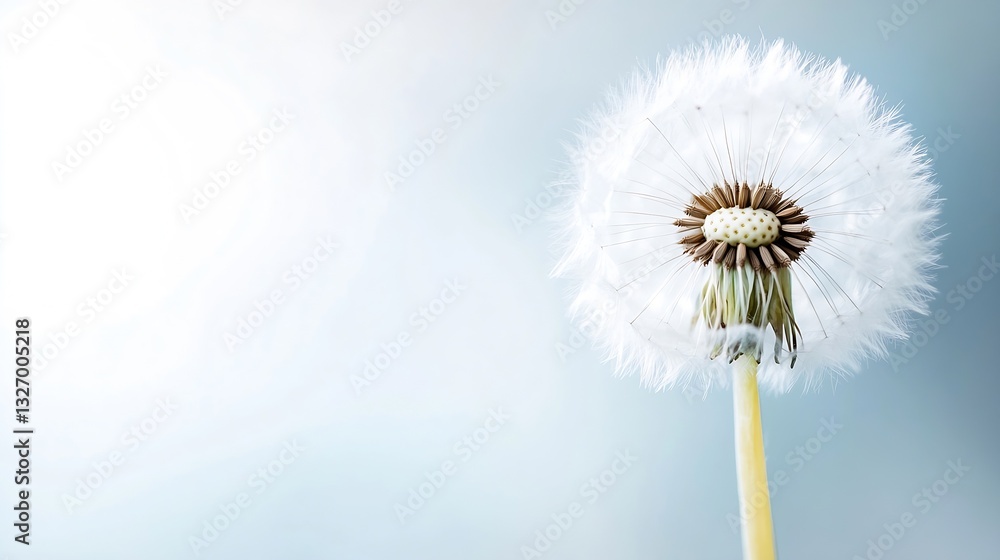 Poster closeup of a dandelion puff ball with delicate seeds against a soft blue background capturing nature