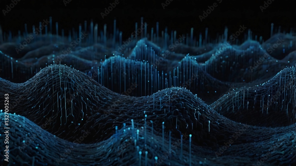 Poster mage of horizontal lines of blue particles and undulating 3d landscape on black background. communic