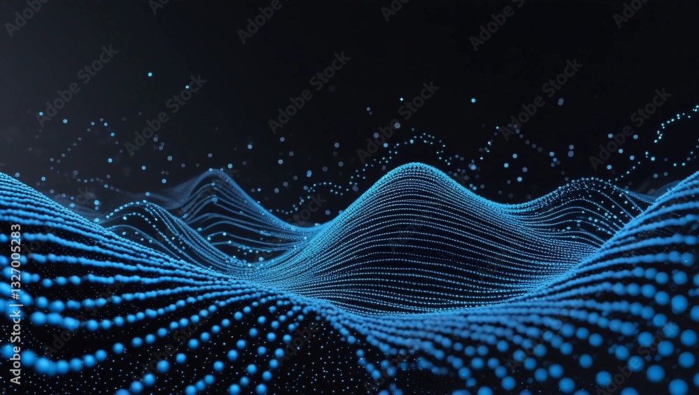 Poster mage of horizontal lines of blue particles and undulating 3d landscape on black background. communic