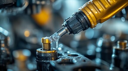 Close-up of industrial robotic arm applying lubricant to metal part during manufacturing process.