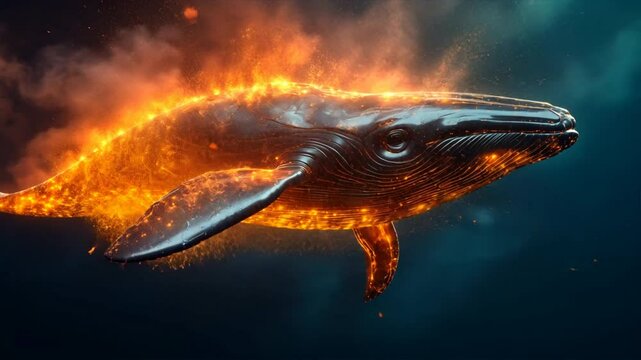 Fiery Whale: A surreal image of a majestic whale engulfed in flames, swimming through a dark, ethereal ocean, showcasing the contrast between the graceful creature and destructive fire.