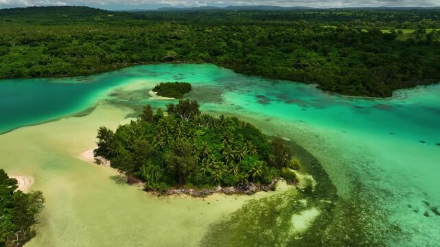Aerial view of beautiful tropical beach with turquoise water, serene waves, and lush palms, Port Vila, Shefa, Vanuatu.