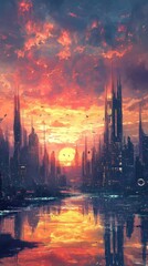 A Futuristic City Reflected In Tranquil Water At Sunset