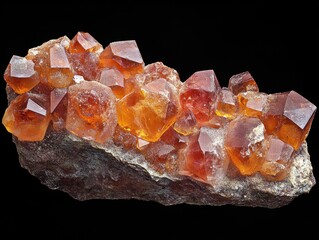 Captivating cluster of vibrant spessartine garnet crystals on matrix against a stark black background mineralogy